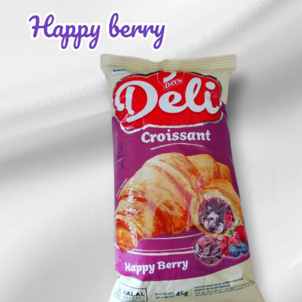

Deli croissant milky happy berry 45 gr 5 DAYS Kroisan Roti Puff Pastry Milky Chocolate Cheese Pandan Srikaya Mix Berries