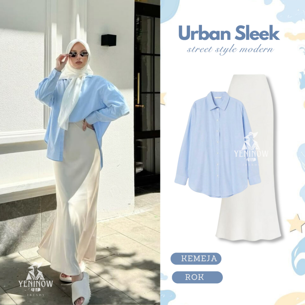 Set Wanita Pakaian Panjang Setelan Hijab Ootd Kemeja Polos Rok Duyung One Set 2in1 Kekinian Korea