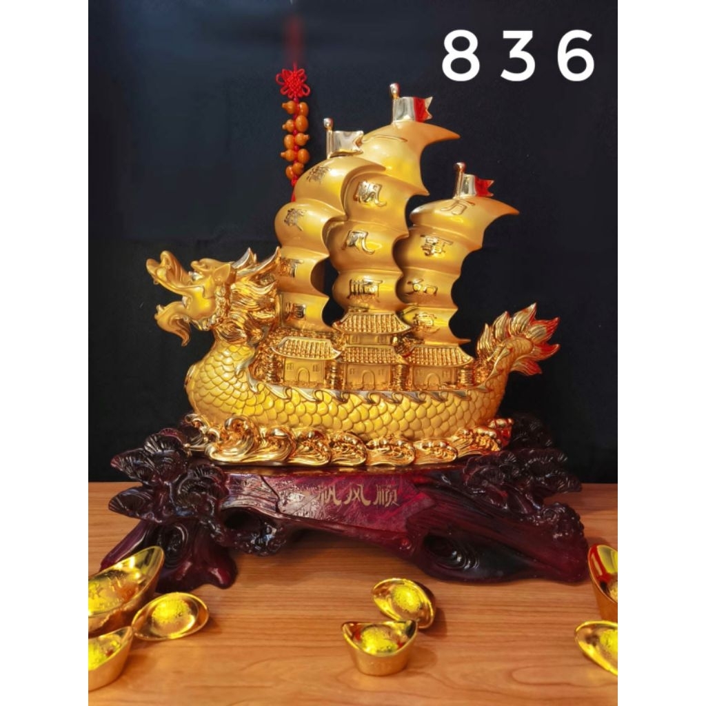 Pajangan Fengshui Kapal Layar Emas / Patung Kapal Layar Emas / Patung Fengshui Hoki (836)