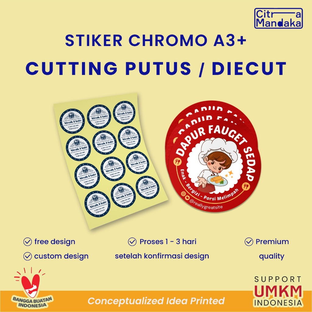 

Cetak Stiker Custom Label Makanan Chromo A3+ Die Cut | Stiker OlShop | Sticker Kemasan Makanan | Sticker Nama Custom
