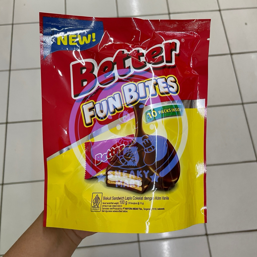 

[Isi 10] Better fun bites 100gr freshpack (10x10gr) biskuit sandwich lapis cokelat dengan krim vanilla