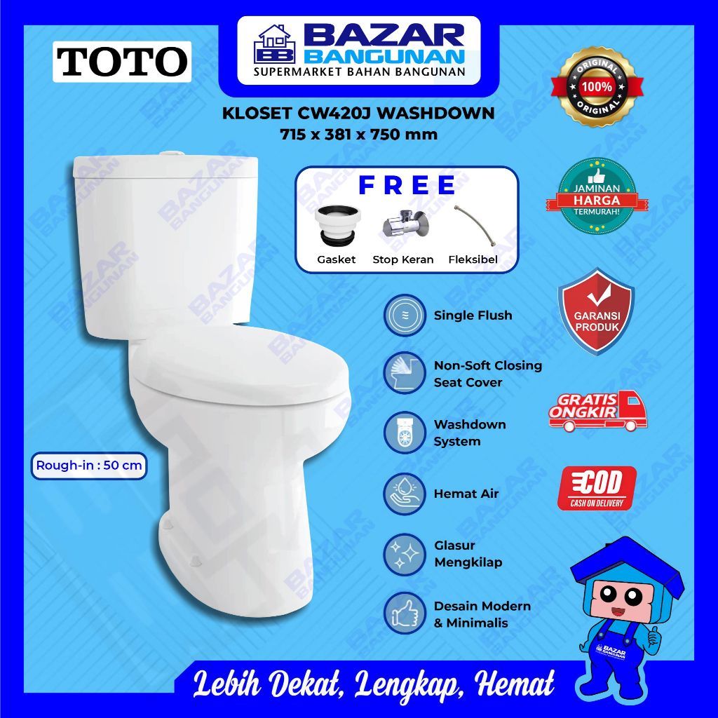 Toto - Closet Kloset Toilet Duduk WC CW420J CW 420 J 420J Two Piece Single Flush Wash Down AS 50 CM