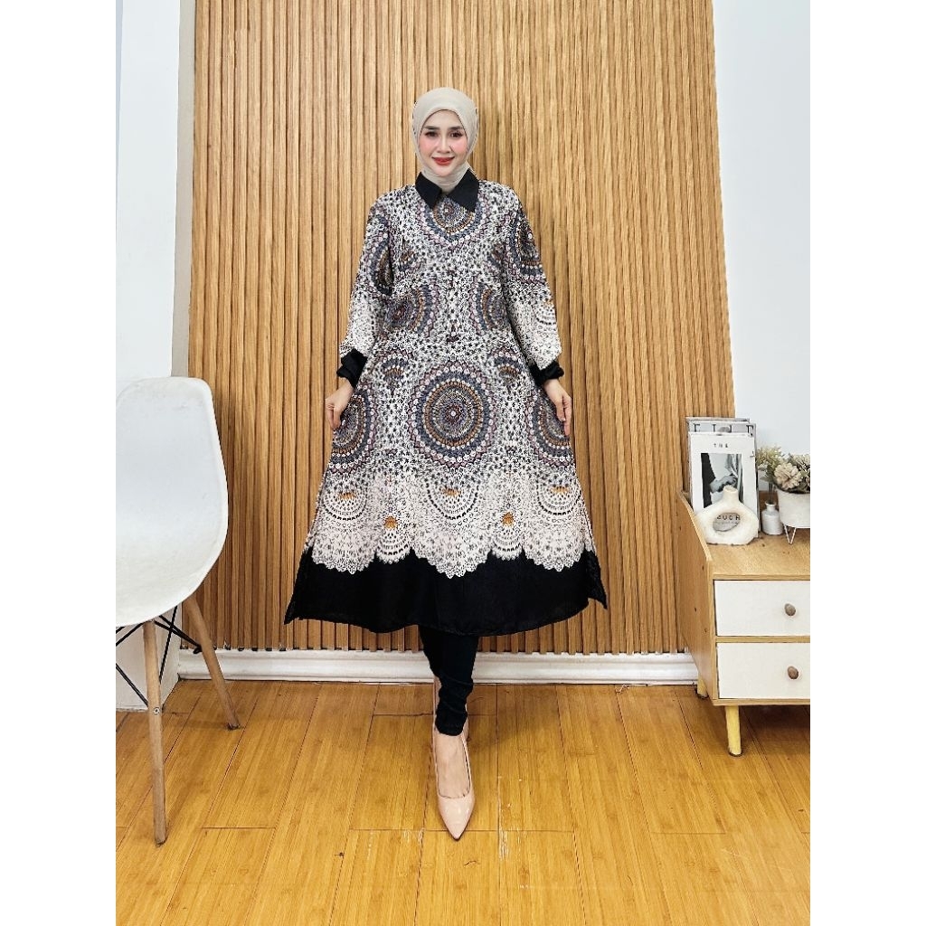 Tunik Rayon Motif Etnik Premium | Busui Friendly | LD 115cm | Panjang 115cm | Baju Atasan Muslim Wan