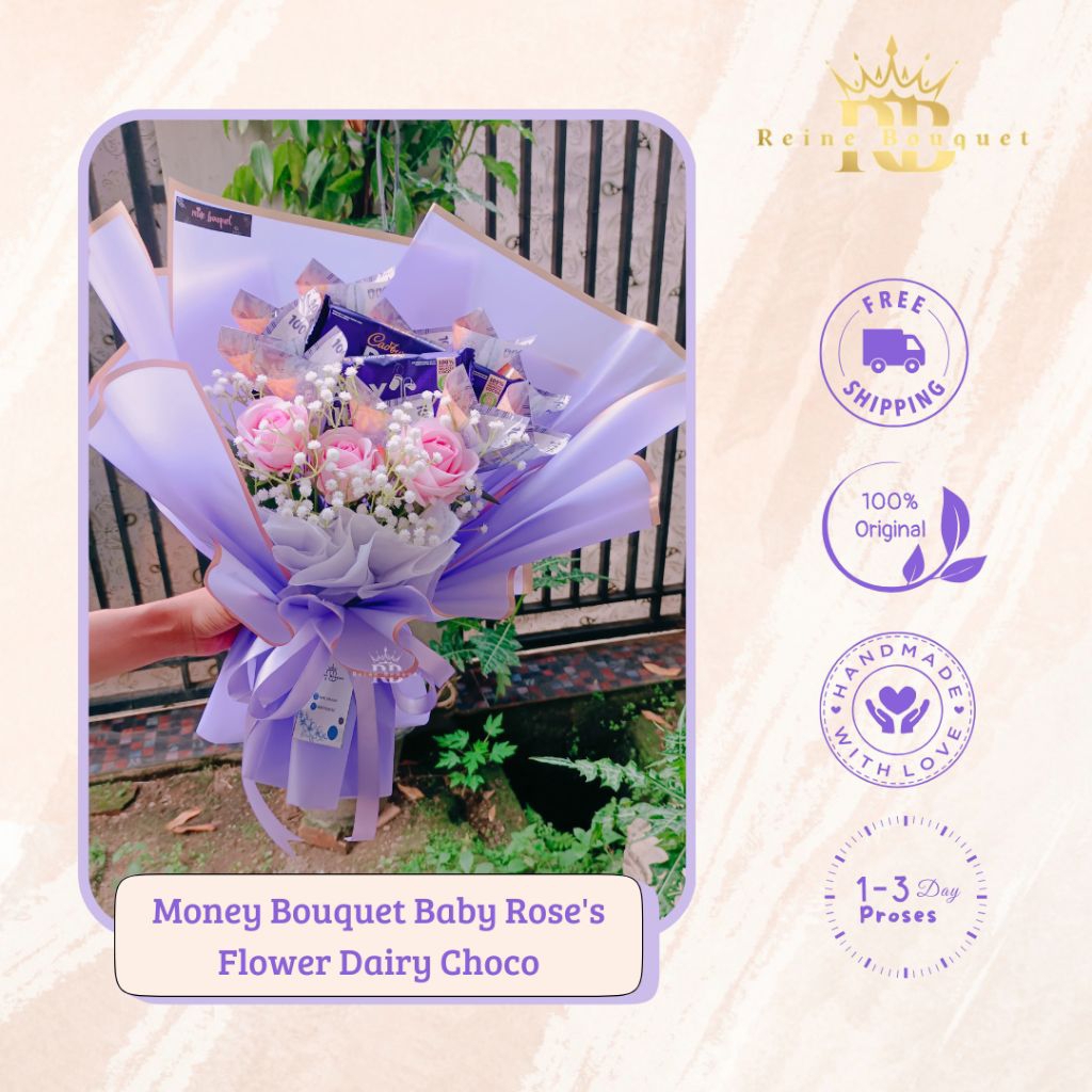 

Money Bouquet Baby Rose's Flower Dairy Choco | Chocolate Dairy Milk, Money and Flower Bouquet/buket uang 10k/buket bunga/buket coklat dairy milk/buket wisuda/perpisahan/ulang tahun/hari ibu/kado/bucket ungu/gift