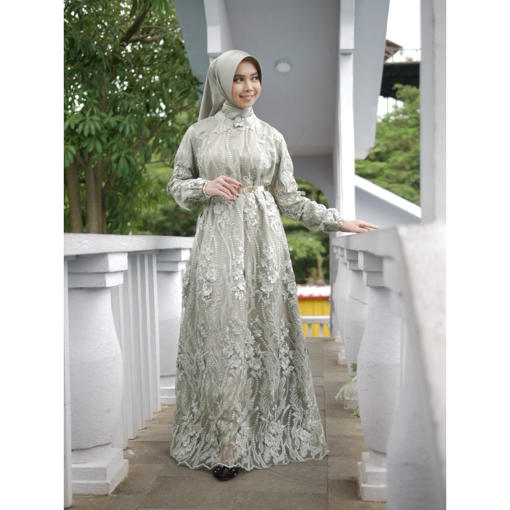 Gamis Muslim Sage Green Mewah Kain Tile Lamaran Prewed