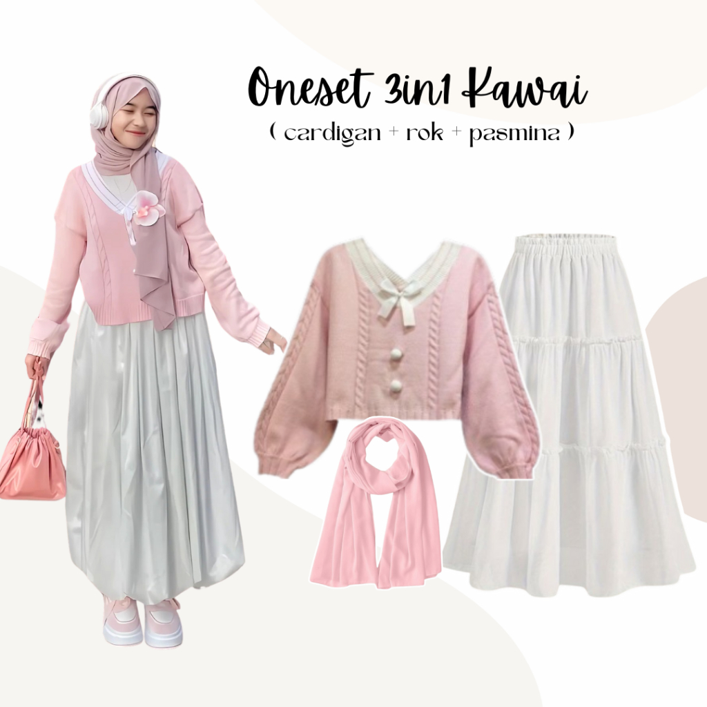 One Set 3in1 Cardigan Kawai Rok Susun Putih Hijab Pashmina | outfit wanita hangout kampus  SK76