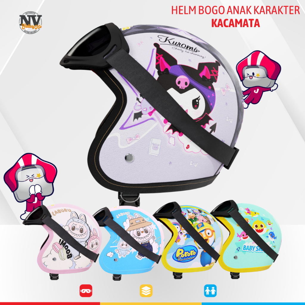 Helm Anak Bogo Kacamata Retro Printing Kids Zaman Now usia 2-7 Tahun Karakter Labubu Kuromi Viral