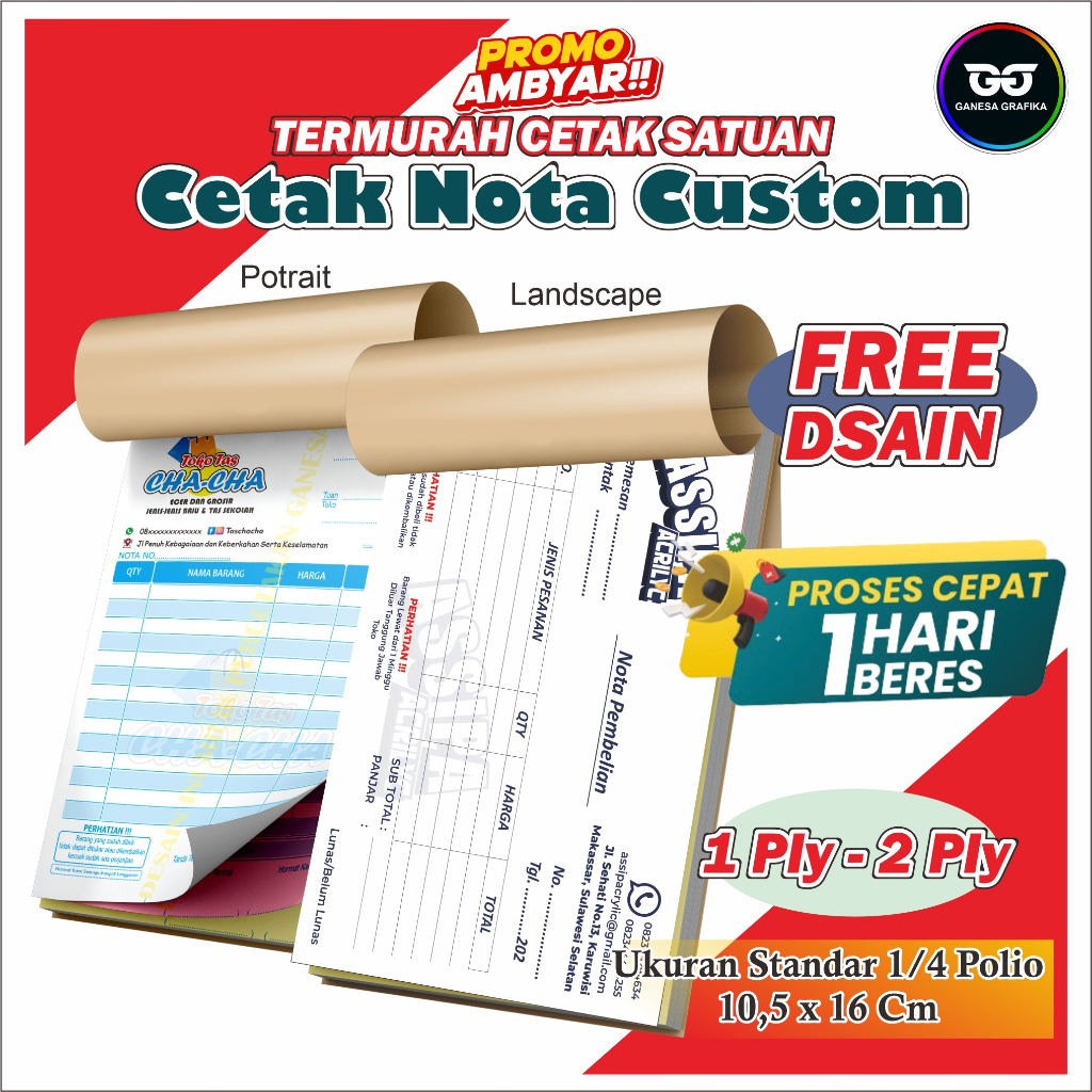 

nota custom 2 ply full color cetak nota custom nama ukuran sedang 1/4 polio Nota Custom 1ply