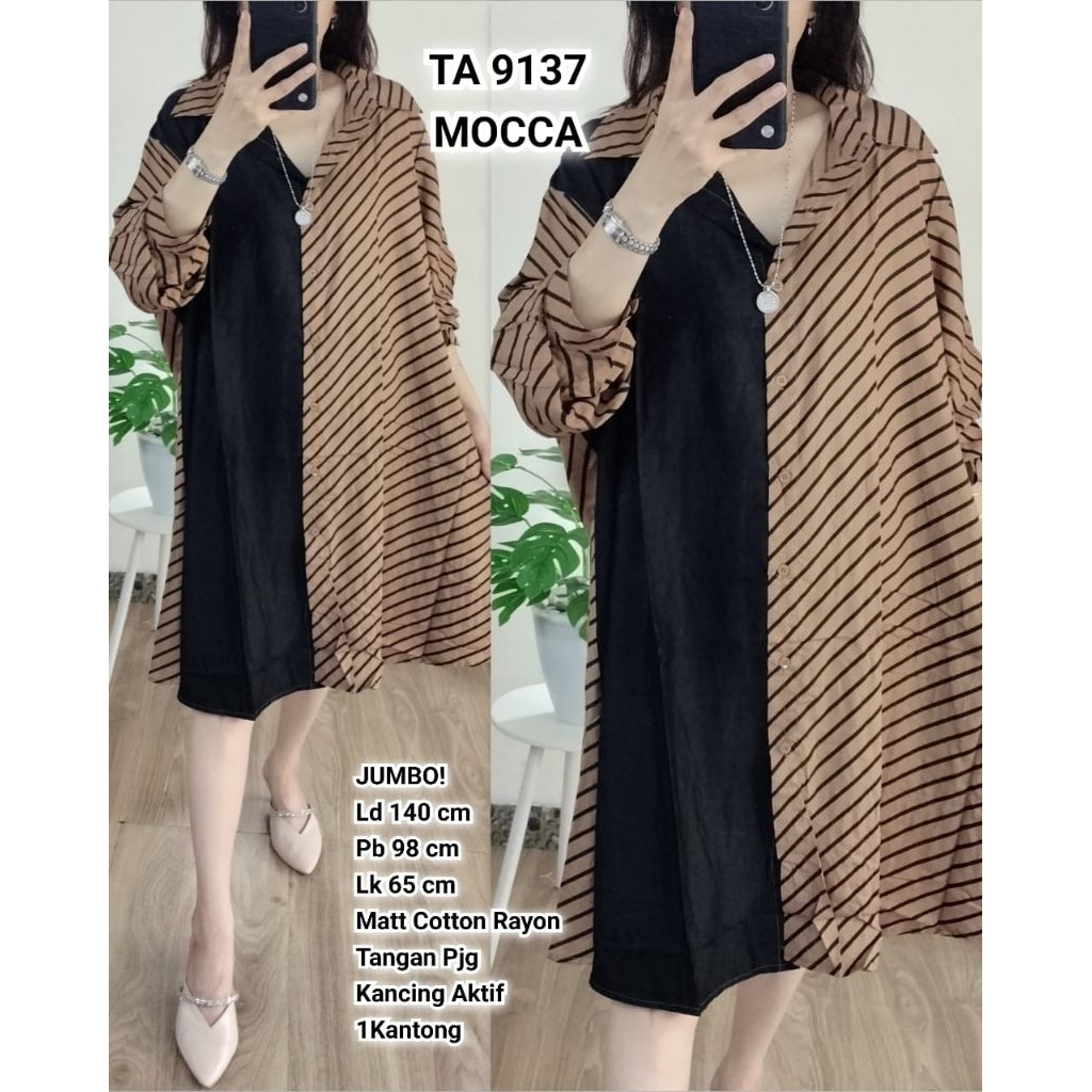 TA 9137 Tunik Jumbo Cotton Rayon Salur Kombi Kerah