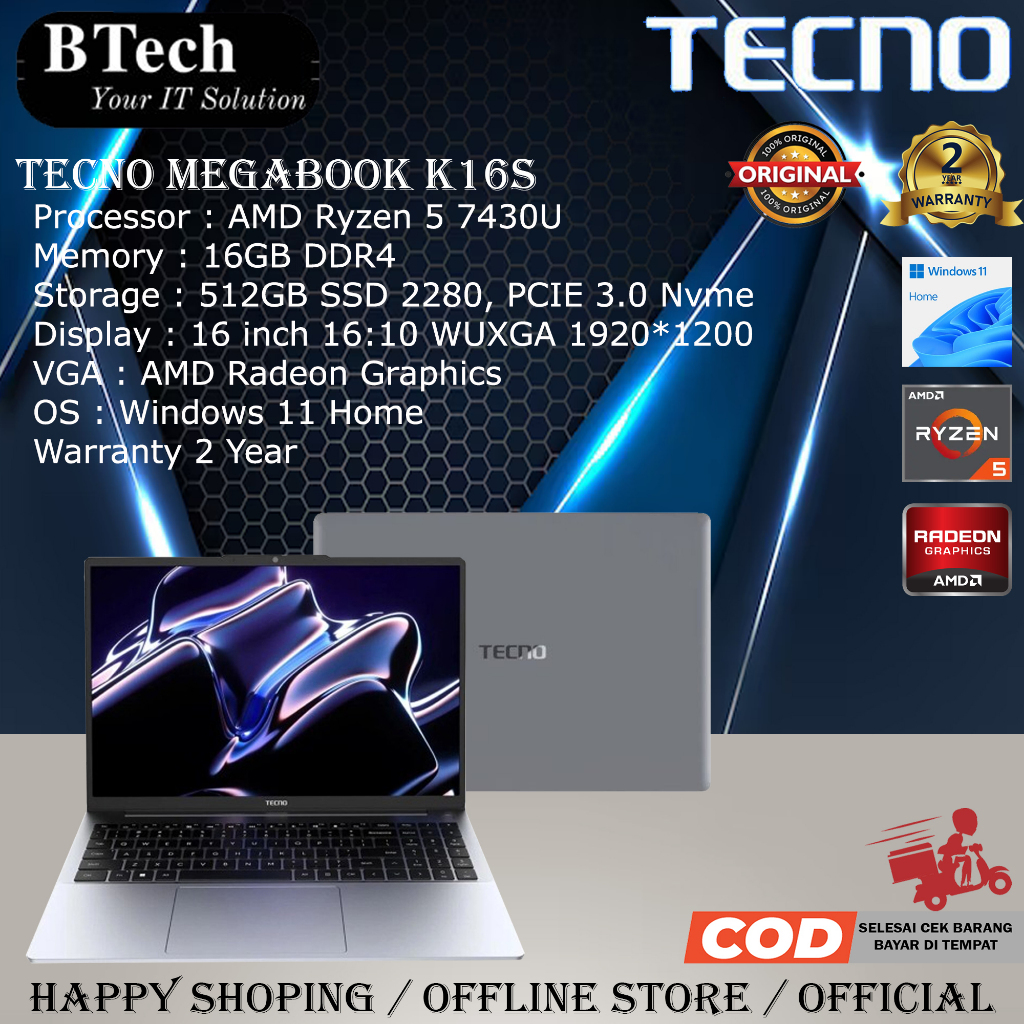Tecno Megabook K16S RYZEN 5 7430U 16GB 512GB SSD WIN11HOME 2YR