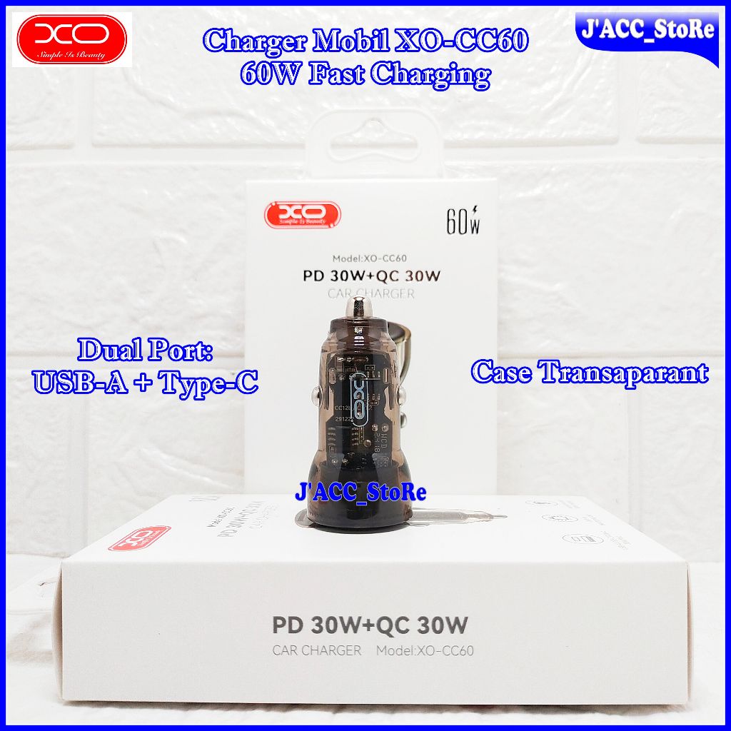 Charger Mobil XO-CC60 Carcharger TC Casan 60W 2 Port USB-A + Type-C Fast Charging CC60 Original XO