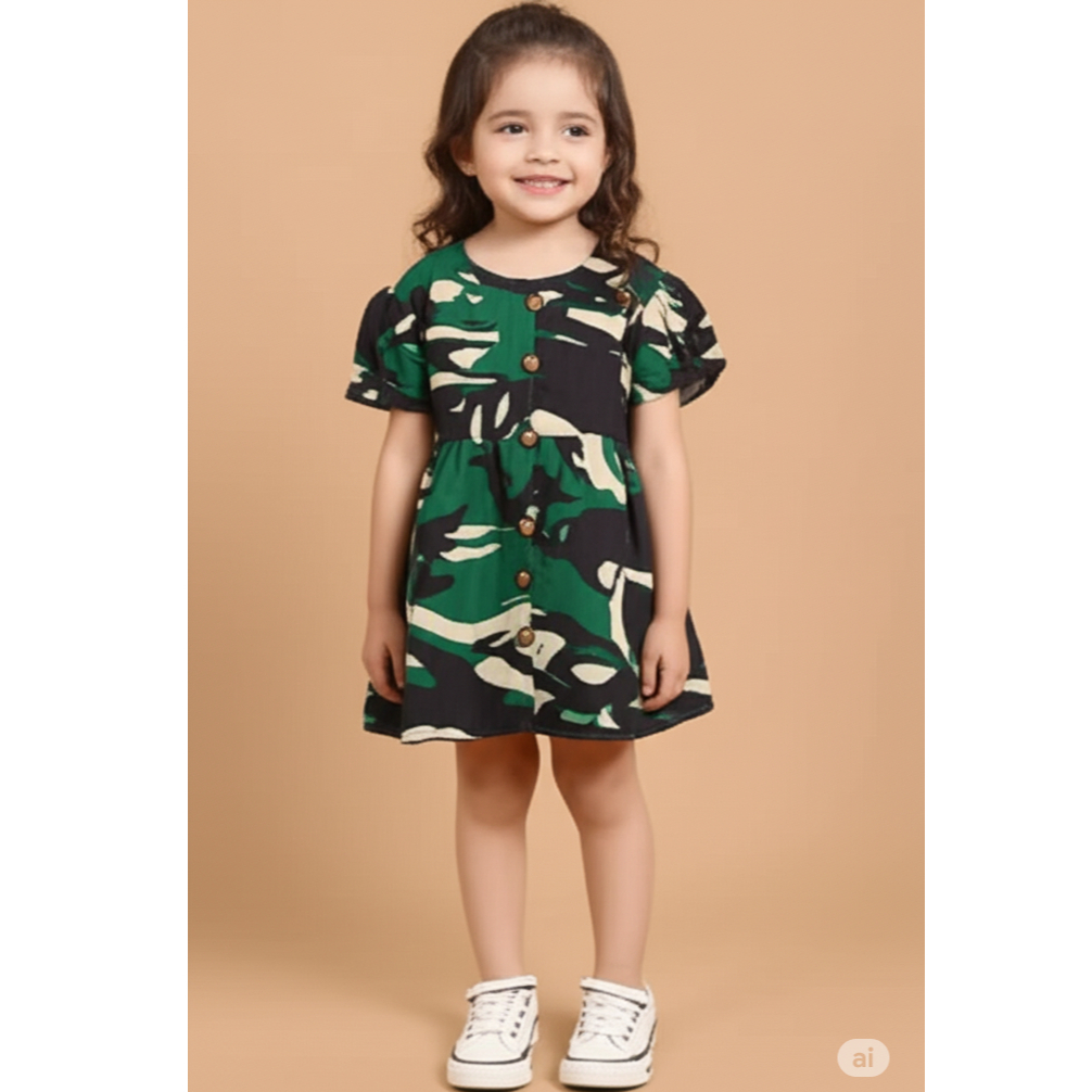 18EST - Dress Anak Perempuan Warna Loreng Hijau Lengan Balon Puffy Dress Bahan Katun Combed 30s / Ba