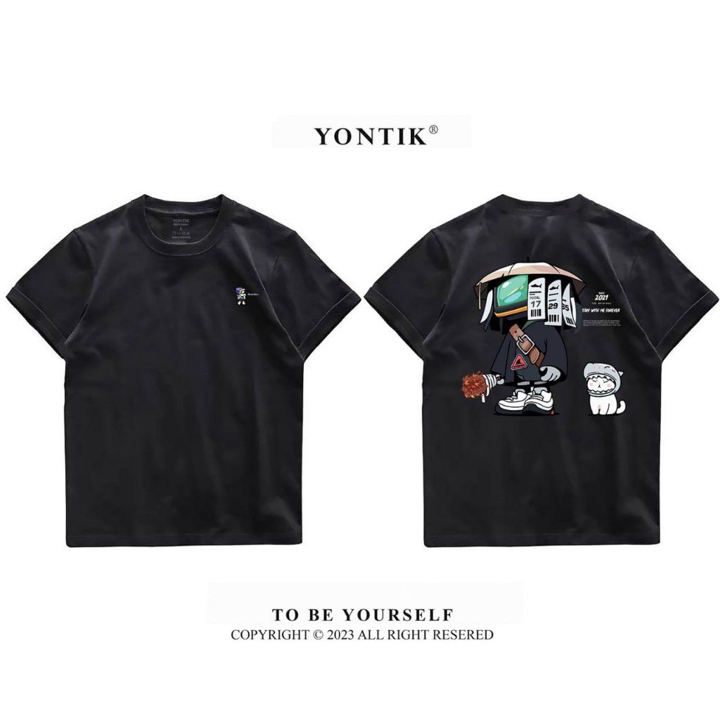 YONTIK Distro Motif Kaos Distro Motif Hiu Unisex Katun Combed 24S Pria Wanita Basic Style Crew Neck 