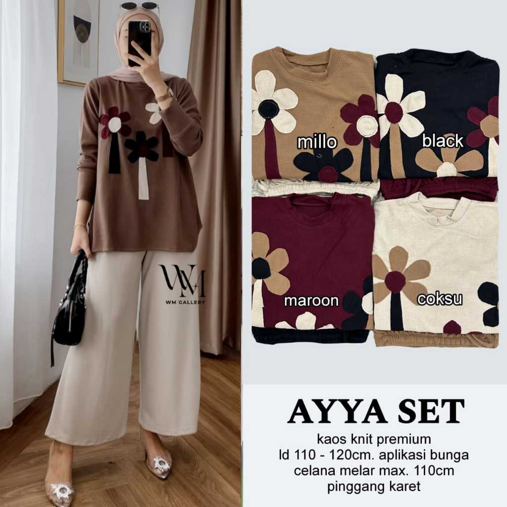 AYYA Setelan Jumbo Kaos Knit Premium Ld 110-120 Baju Set Celana Kulot Motif Bunga Premium