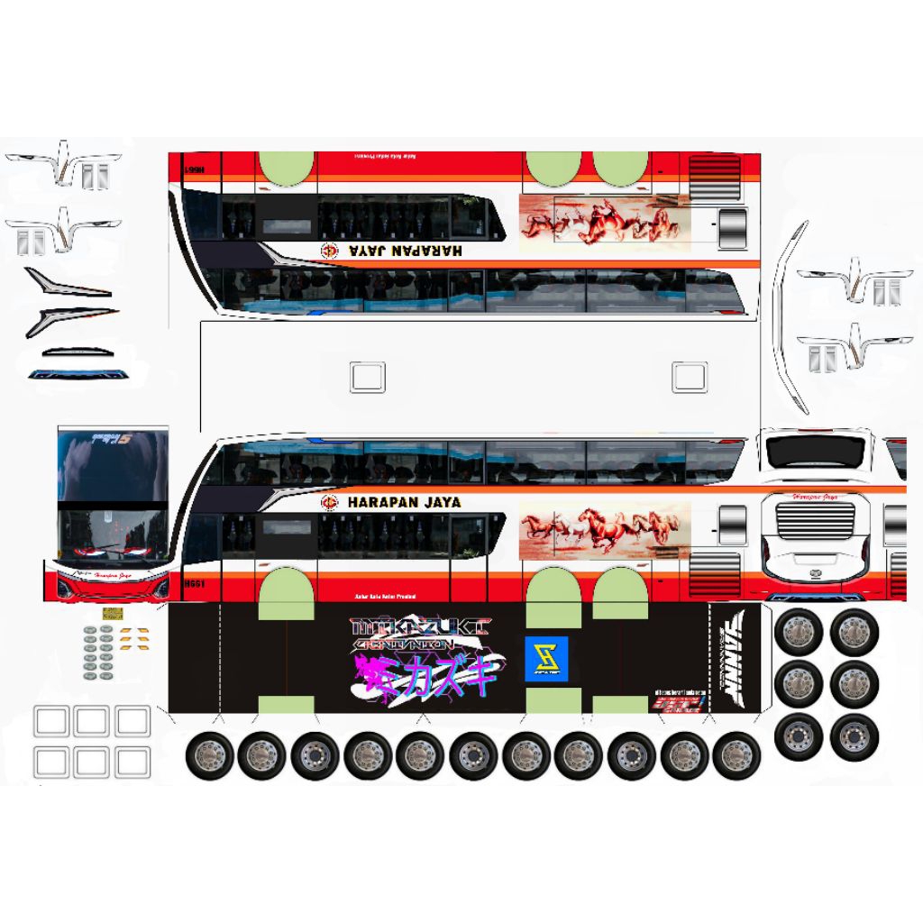 lembaran papercraft bus harapan jaya skala 50 laminasi non laminasi