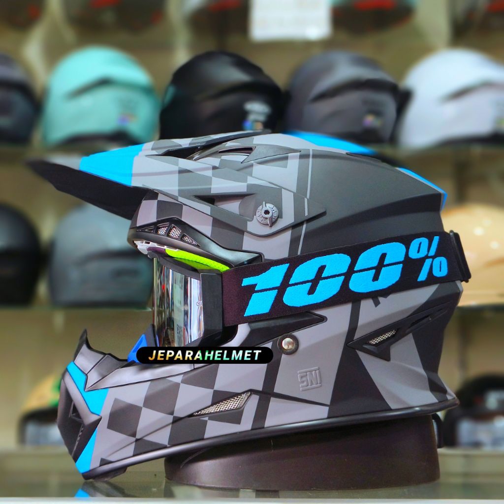 Helm KYT Jumpshot 4 Matt Black Aqua Blue Doff Original + Kacamata Goggle Google 100% Persen | Helm C