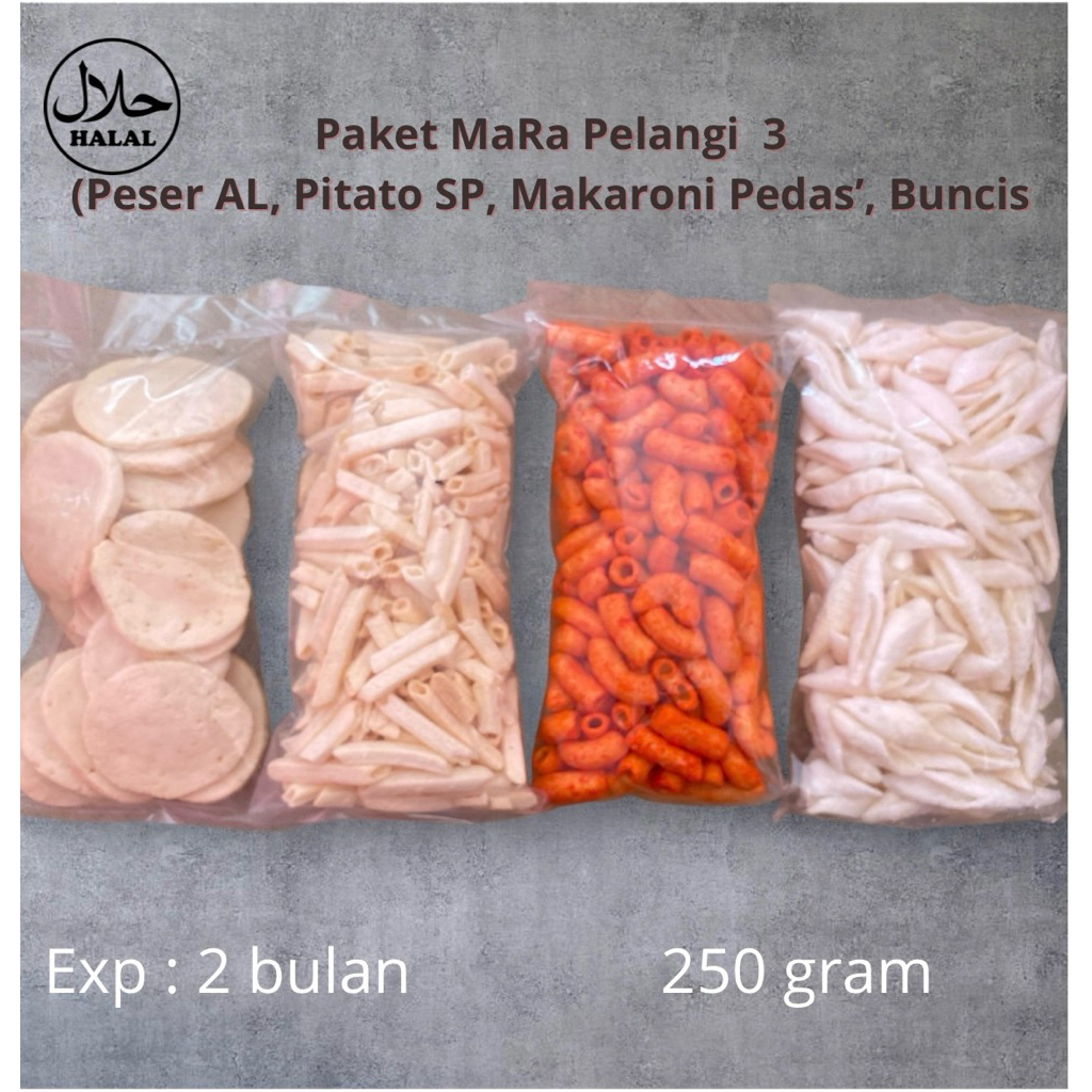 

PAKET MURAH MERIAH PELANGI 3 (PESER AL, PITATO SP, MAKARONI, PEDAS,BUNCIS) /kemasan 200g Food
