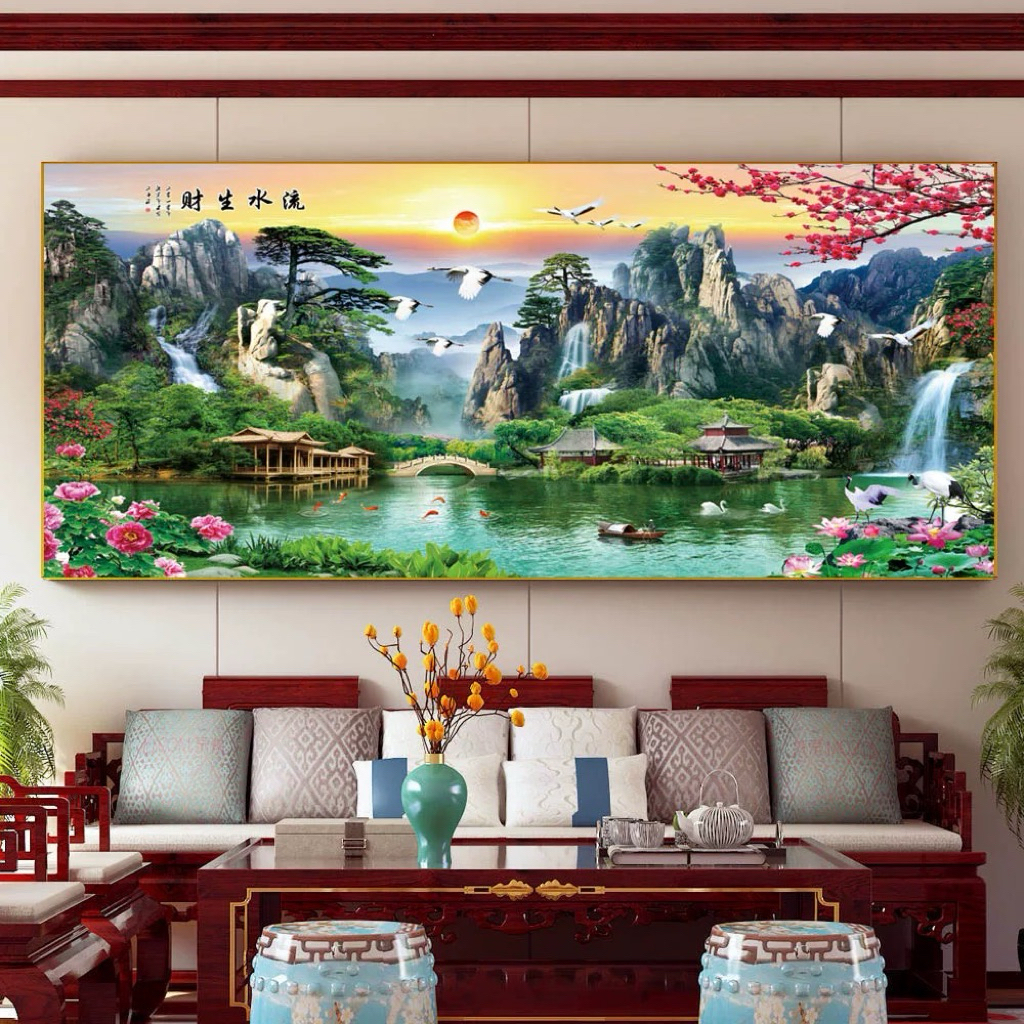 KOKOPAINTING Lukisan Porcelain Diamond 5D Kristal Motif Pemandangan Air Terjun Danau Kaligrafi Cina 