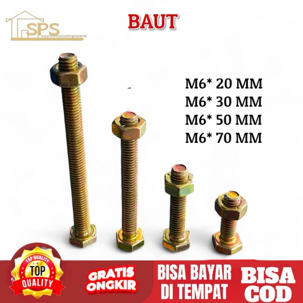 Baut dan Mur Besi M6 (Panjang 20-70) Baut Kuningan M6