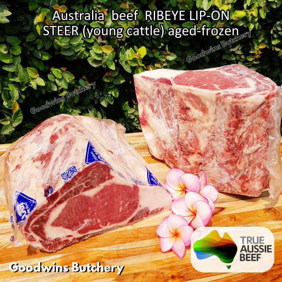 

Beef RIBEYE LIP-ON Australia STEER (young cattle) aged-frozen Kilcoy 640 Diamond Scotch-Fillet Cuberoll SMALL ROAST CUTS
