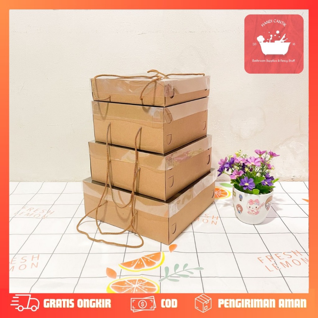 

BOX MIKA TALI EMAS KARDUS COKLAT DUS KRAFT TALI TUTUP MIKA 1952 Tinggi Box Kotak Hampers Kue Lebaran brownies cake sincia pudding