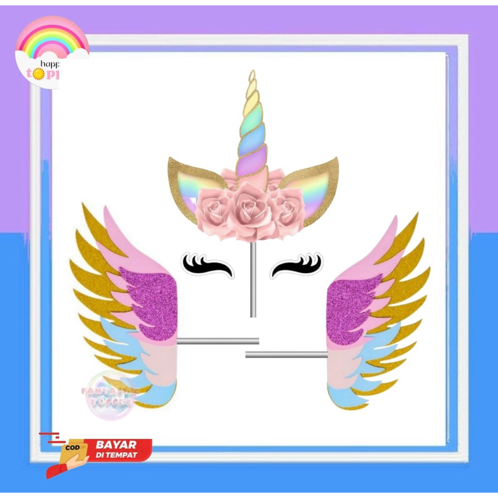 Toper tanduk unicorn / Toper sayap unicorn / Hiasan kue ulang tahun