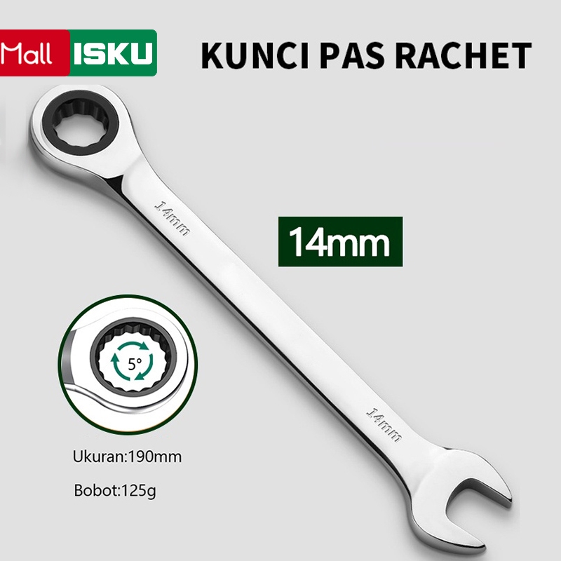 ISKU Kunci Pas 14mm Kunci Ring Dual Head Combination Ratchet Wrench Flexible/Rachet Wrench 14mm