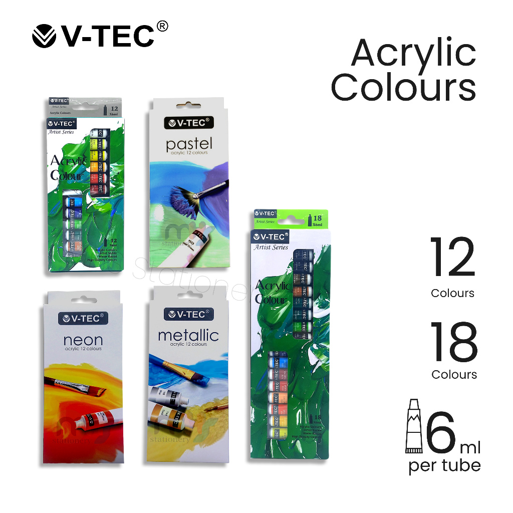

Cat Lukis Acrylic Color Cat Akrilik V-TEC 6 ML 12 18 Warna Set Paint Pastel Neon Metallic