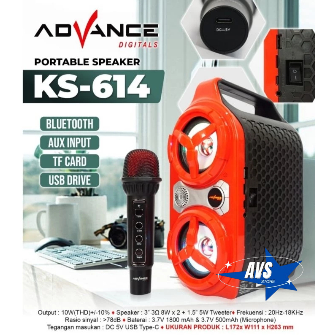 ADVANCE SPEAKER PORTABLE BLUETOOTH KARAOKE PLUS MIC KS 614