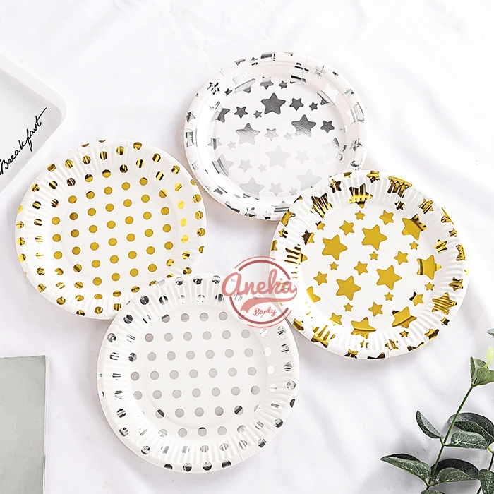 Piring Kue Motif gold besar / Paper Plate motif gold / piring kue kertas pesta ulang tahun motif gol