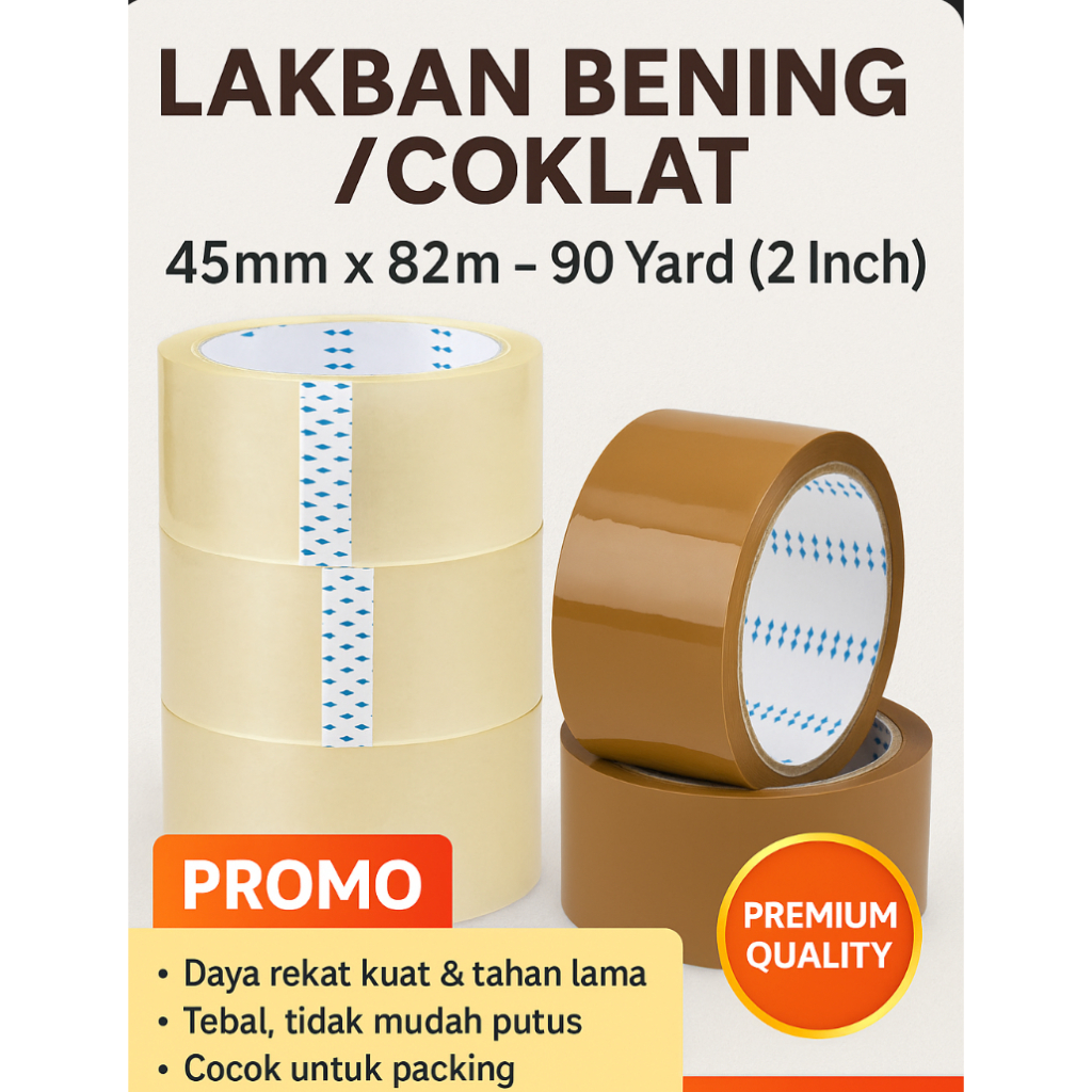 

Lakban Bening / Coklat 45mm x 82m – 90 Yard (2 Inch) | Isolasi Selotip Packing Ekonomis
