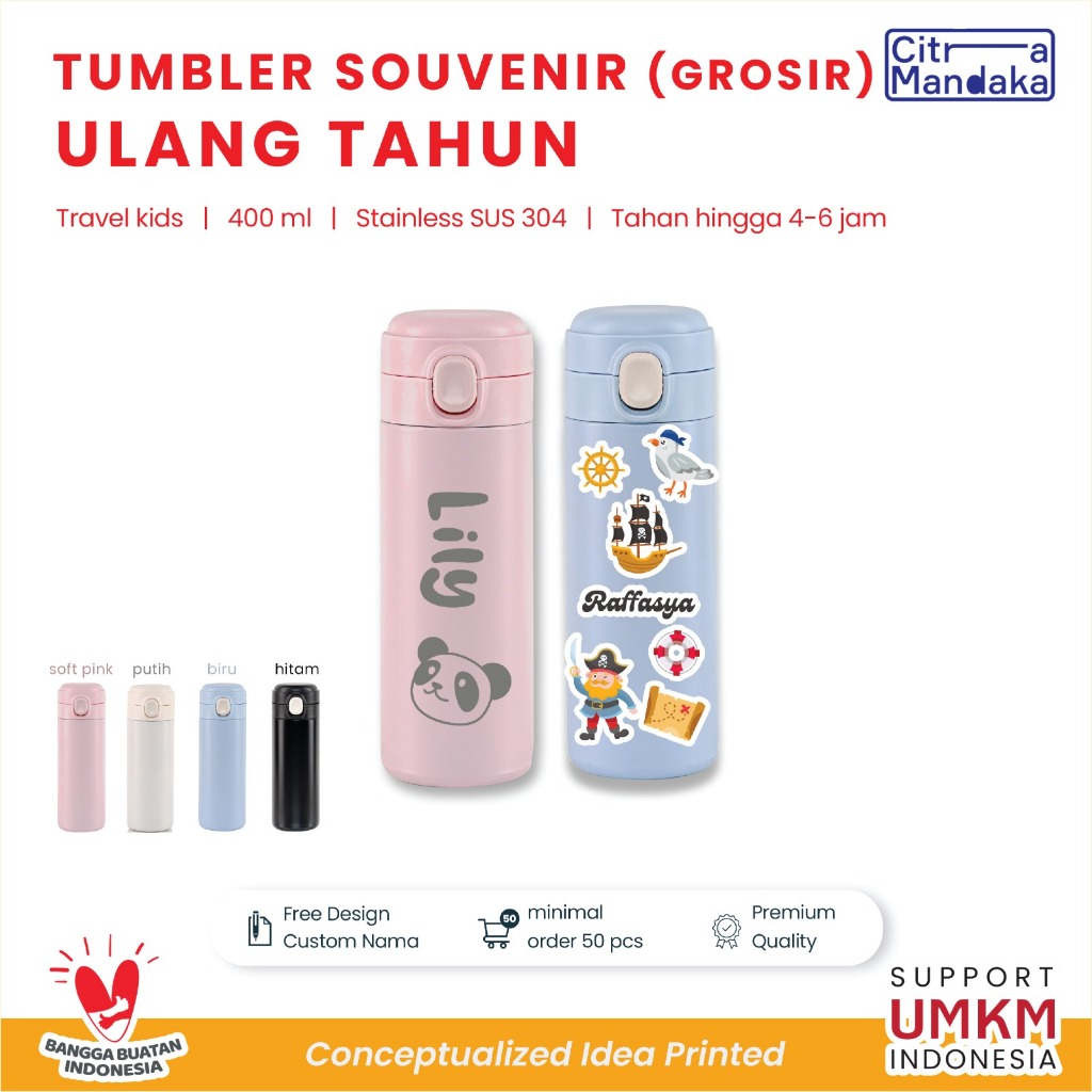 Botol Minum Anak Custom Nama Full Print Souvenir Free Design UV Print Travel Kids 400 ML | Tumbler C