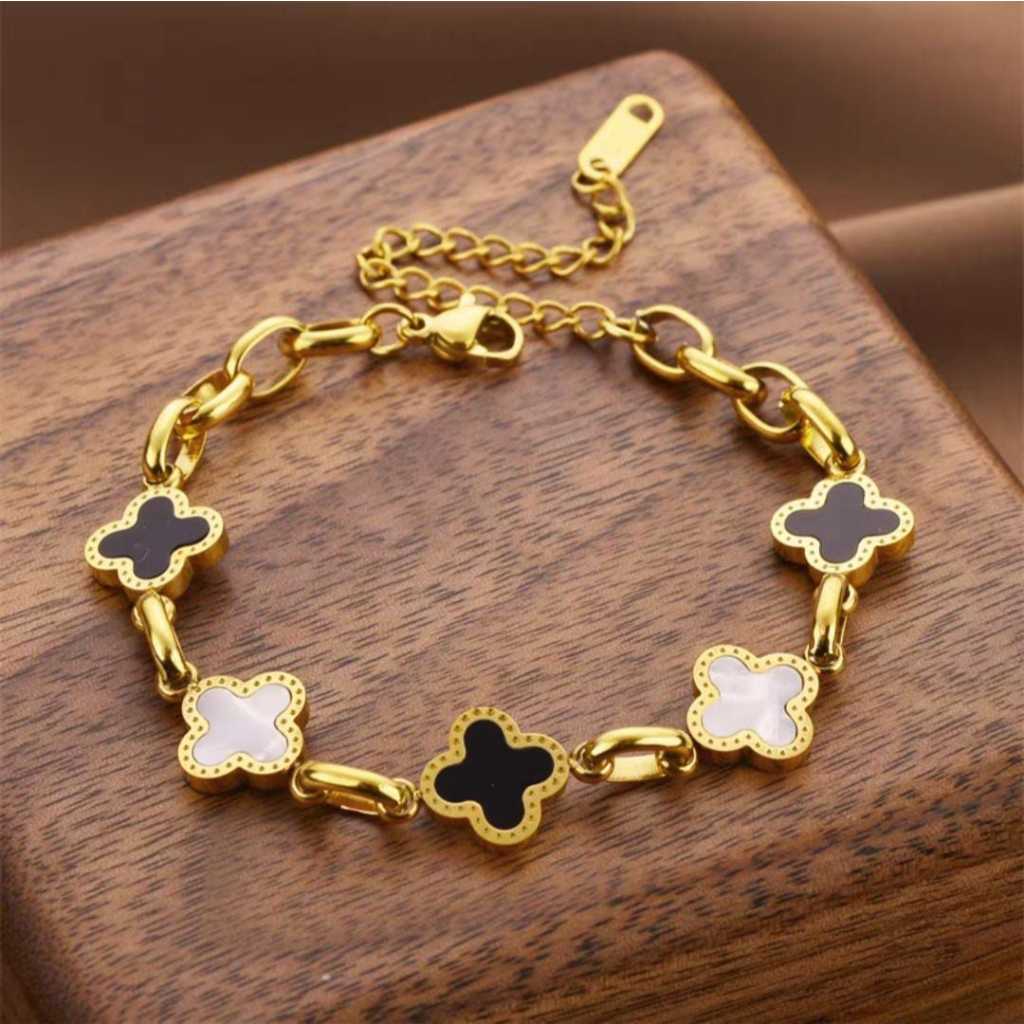 Gelang Rantai Bunga Semanggi Hitam Putih Polos Titanium Stainless Steel