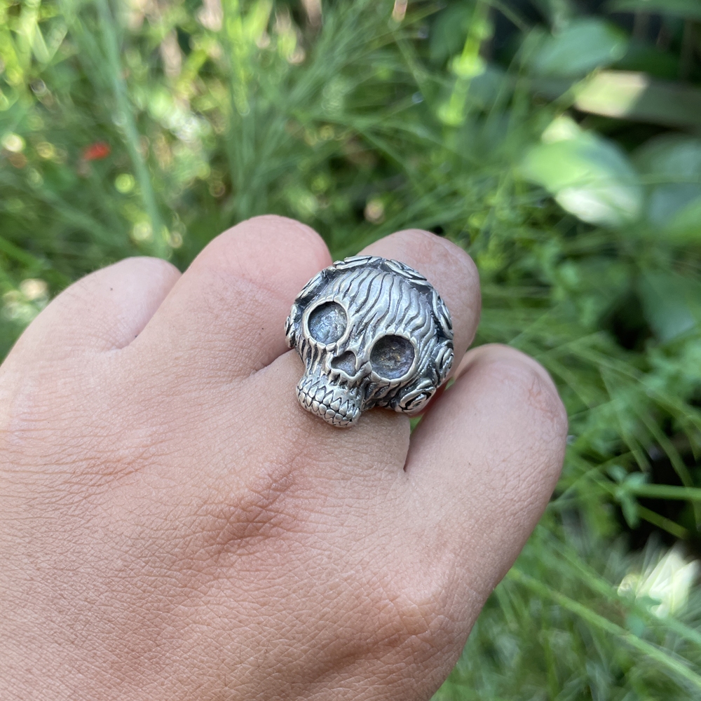 Cincin Ring Perak Silver Bali 925 Tengkorak Skull Rose Mawar Etnik Pria Laki Keren Elegan Custom