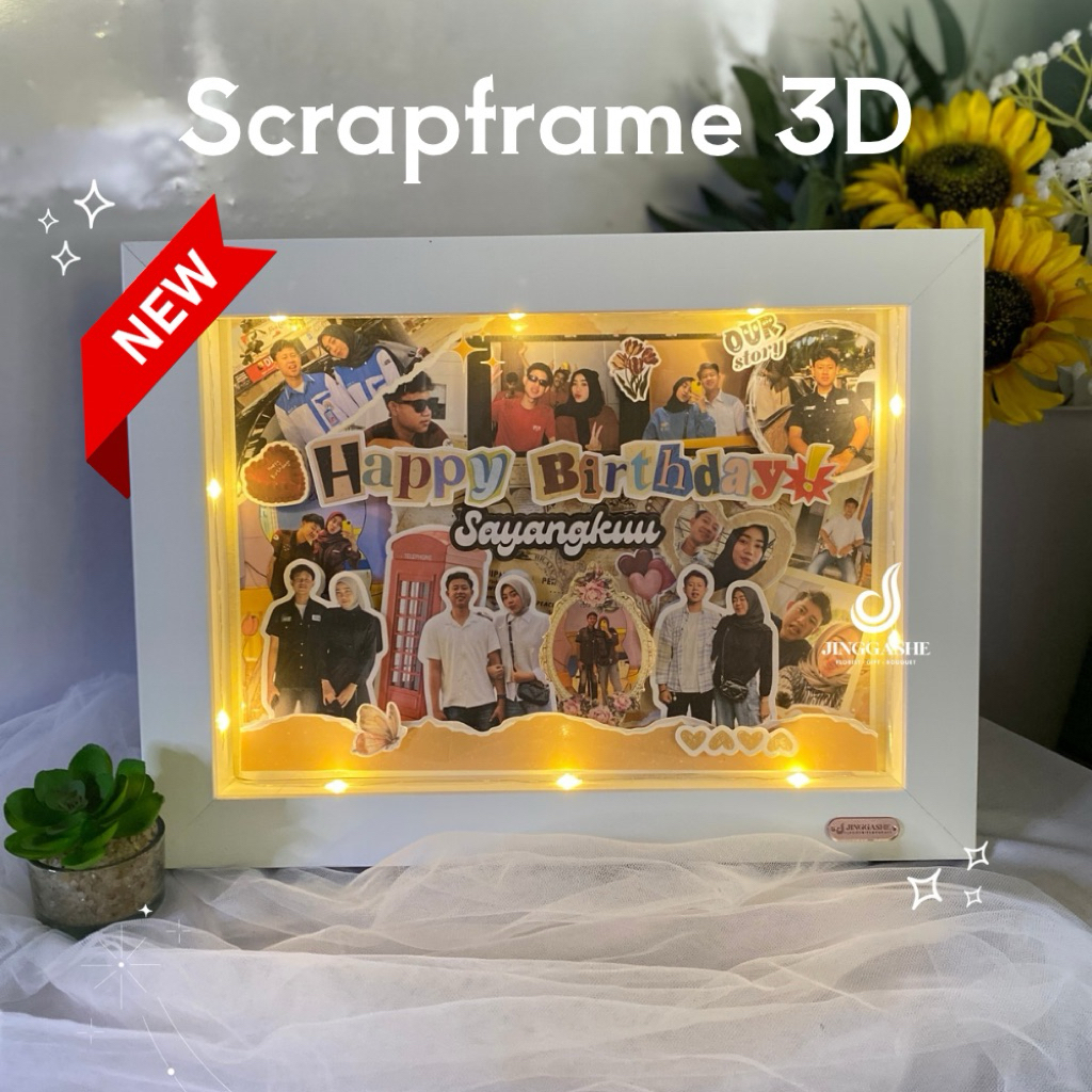 JINGGASHE | Scrapframe size A4 (20x30cm), led, 3D TIMBUL, hadiah kado, kado teman, sahabat, kado pac