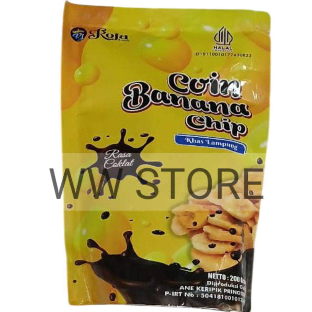 

Cemilan snek makanan ringan keripik kripik pisang rasa coklat cokelat Snack Khas Lampung halal MUI Roja Chocolate flavour flavor COIN BANANA CHIP CHIPS 200g