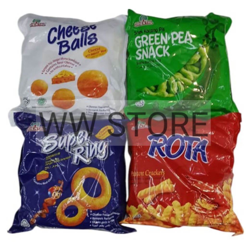

Cemilan snek makanan ringan kerupuk krupuk keropok kropok udang cincin bola keju kacang arcis halal MUI ORIENTAL ROTA Prawn Crackers Super Ring Balls Cheese Flavoured GREEN PEA SNACK SNACKS 8x14g