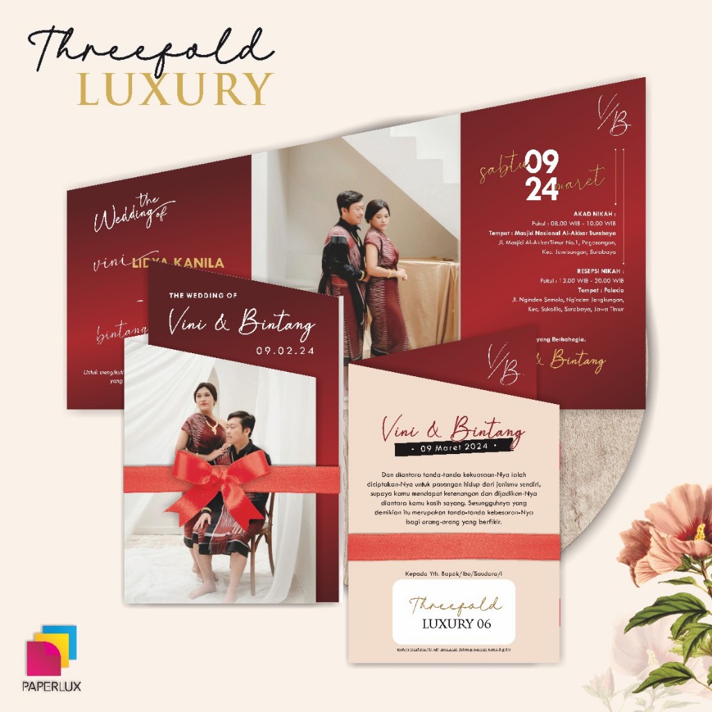 UNDANGAN PERNIKAHAN CUSTOM FULL COLOUR - CETAK UNDANGAN NIKAH THREEFOLD LUXURY - UNDANGAN UNIK PITA