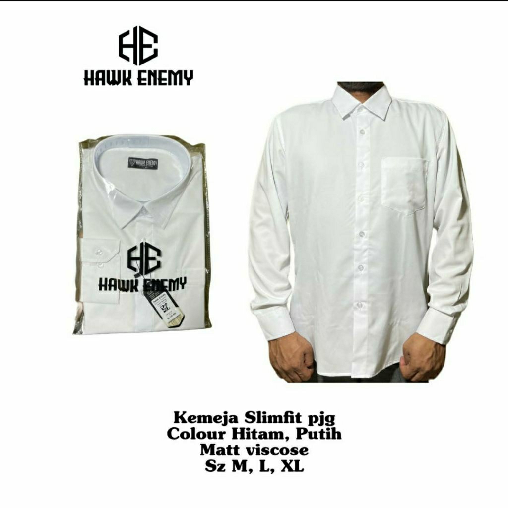 Kemeja Pria Putih/Hitam Formal Lengan Panjang Merek HE Hawk Enemy