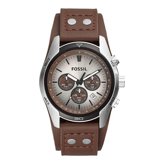 Fossil Coachman CH2565 Chronograph Men Silver Dial Brown Leather Strap