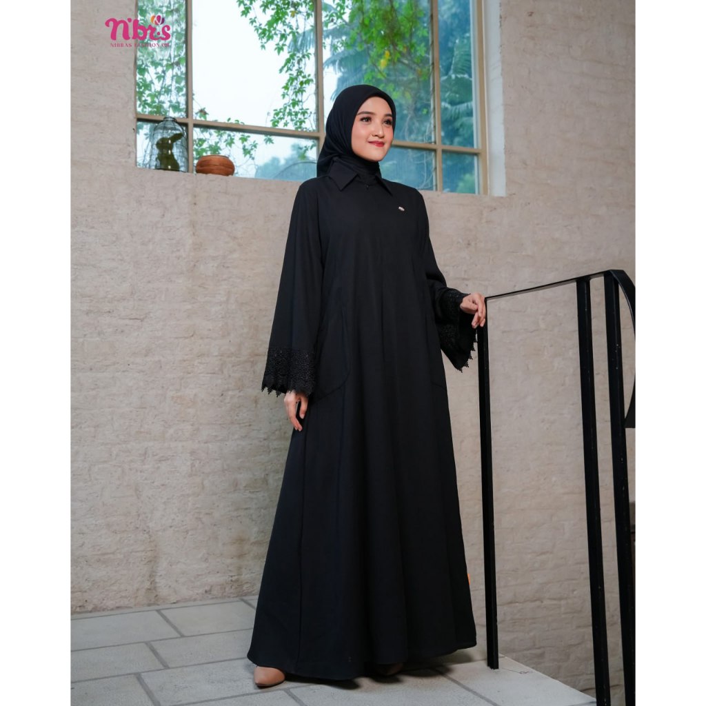 Nibras Baju Gamis Dewasa Dress Syari Material  Vienna Warna Hitam Polos - Selaras 001