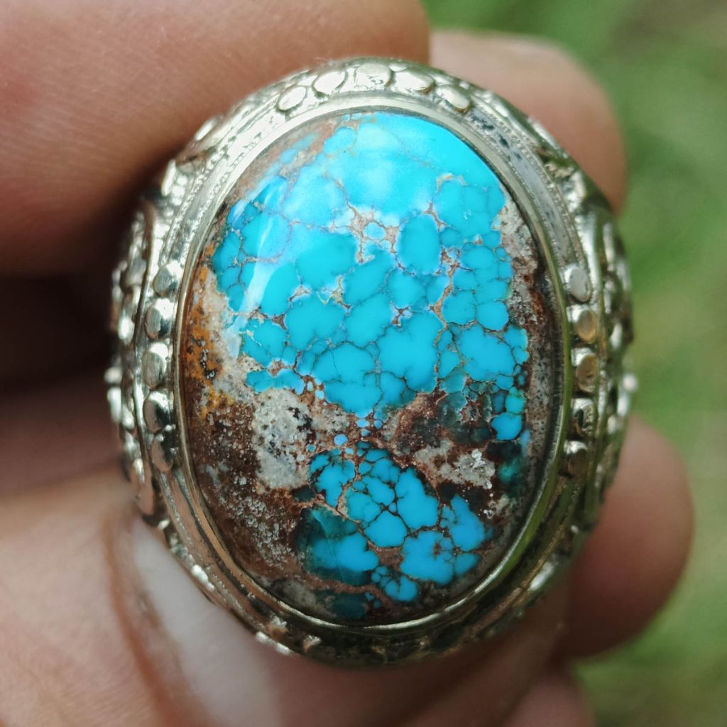 Batu Natural Pirus Persia Biru Fancy Urat Emas Spiderweb Full Laba Matrik Lawas Dim-20