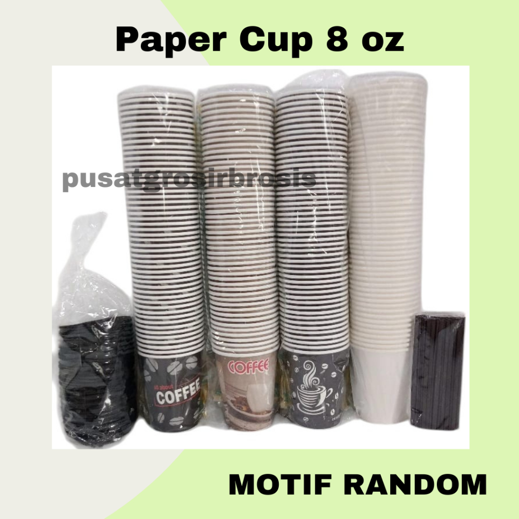 COD - Paper Cup 8oz 50pcs Gelas Kertas Kopi Motif Polos Tahan Panas 240ml Murah Tutup Sedotan / Pape