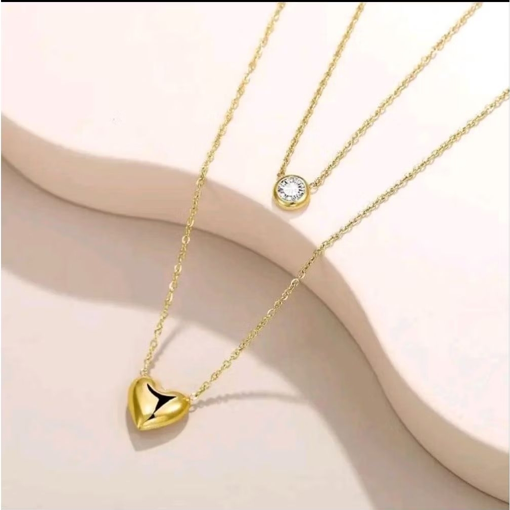 Kalung Titanium Wanita Liontin Love Dan Permata Dua Layers Aksesoris Fashion Terbaru