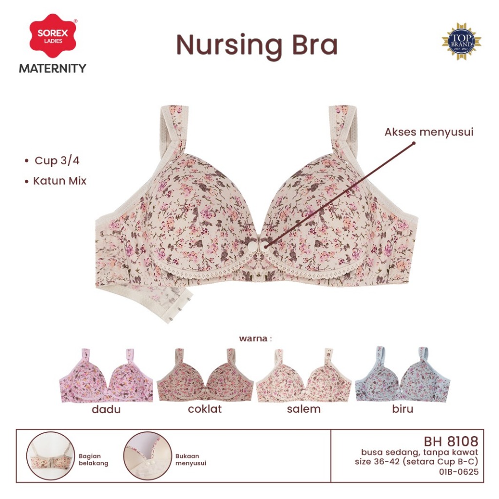 Sorex Bra Menyusui Motif Bunga Cantik Nursing Bra 8108 Tanpa Kawat Kait 3 Setara Cup B Busa Sedang