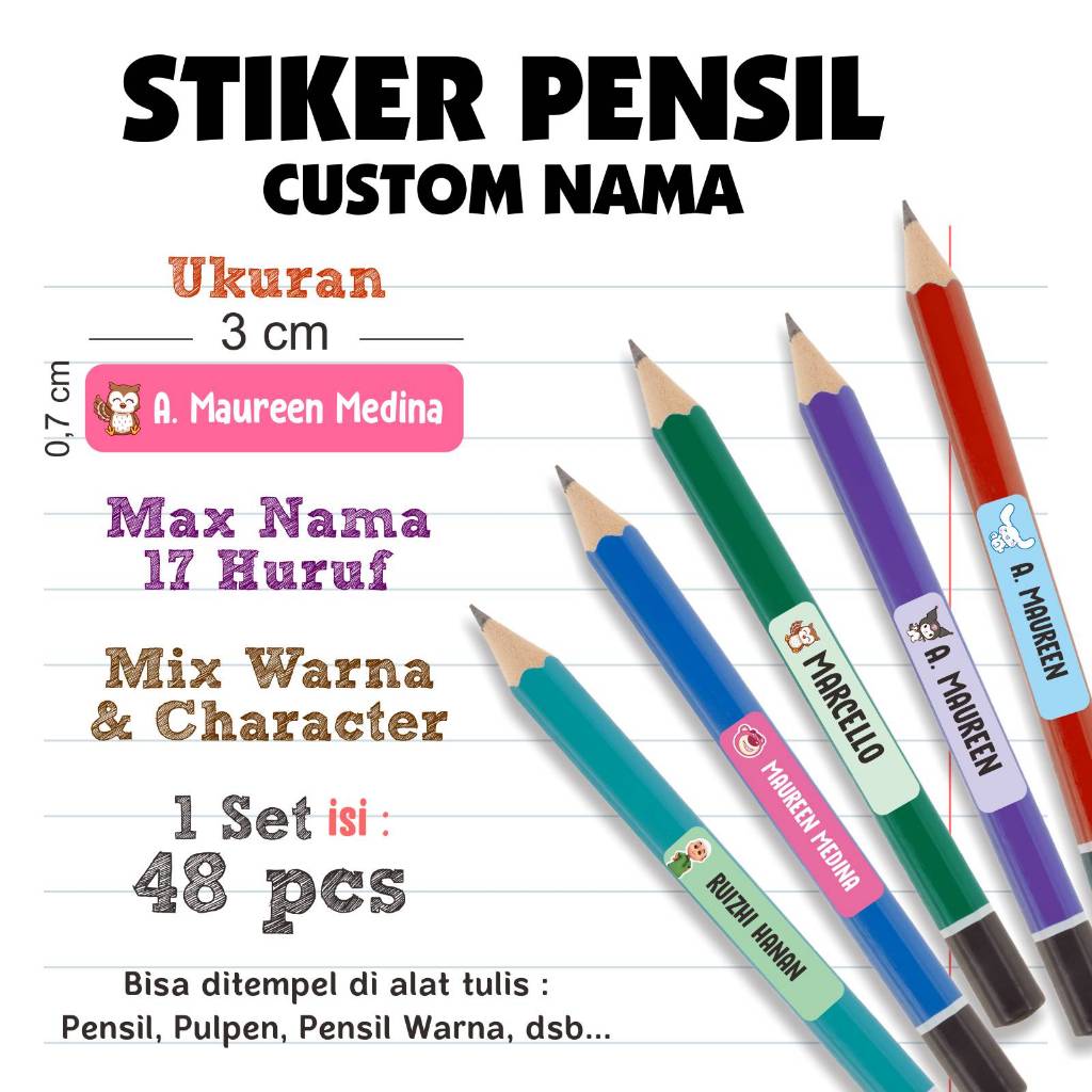 

(Isi 48pcs) Stiker ATK Bolpoin Pensil Custom Nama Anak Untuk Buku Pensil Botol Minum Sticker Tempat Makan