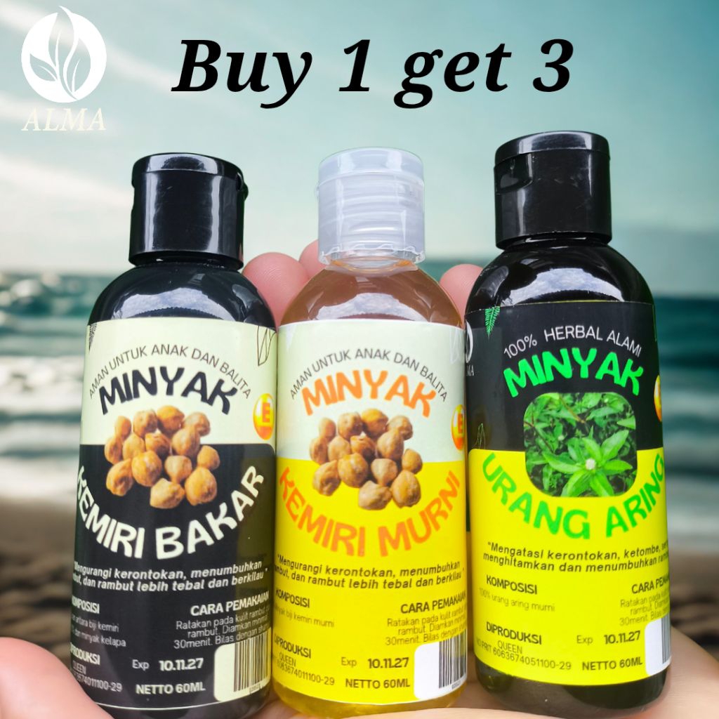 Paket 3pcs minyak kemiri murni, minyak kemiri bakar, minyak urang aring 100% organik ( BPOM)