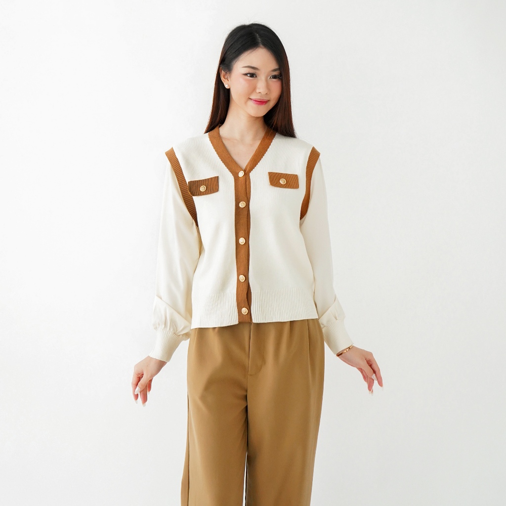 QUEENTIN Cardigan Wanita Rajut 6903 Mix Knit Motif Salur Kombinasi Sifon Polos Lengan Panjang