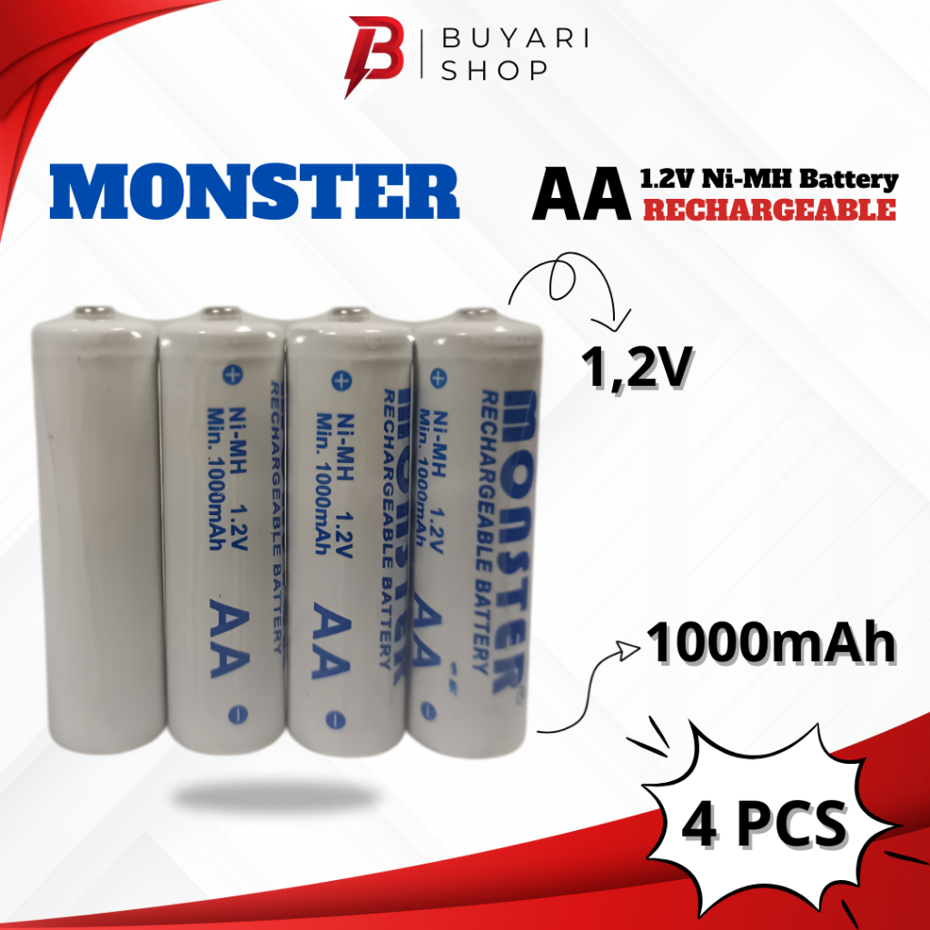 Baterai AA Monster 1000mAh Isi 4 Cas Rechargeable ORIGINAL A2 Besar Mobil Remote Mobil Remot Charger