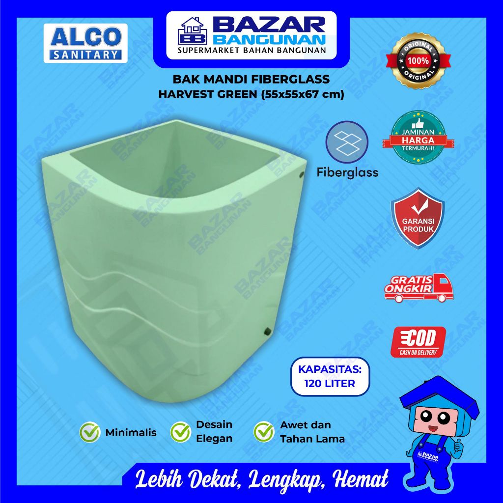 Bak Air Kamar Mandi Gentong Sudut Oval Fiberglass 120 Liter Warna Hijau